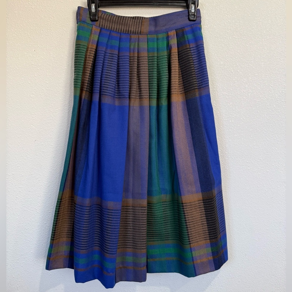 Vintage 100% Wool Plaid Midi Skirt Blue Green Tartan Pleated Size 10P - Picture 2 of 9